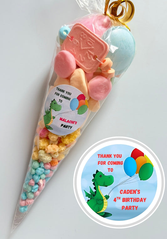 Sweet Cone with Dragon Balloons Personalised Sticker