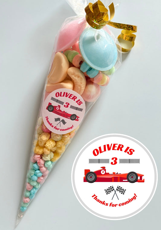 Sweet Cone with Personalised F1 Race Car personalised sticker