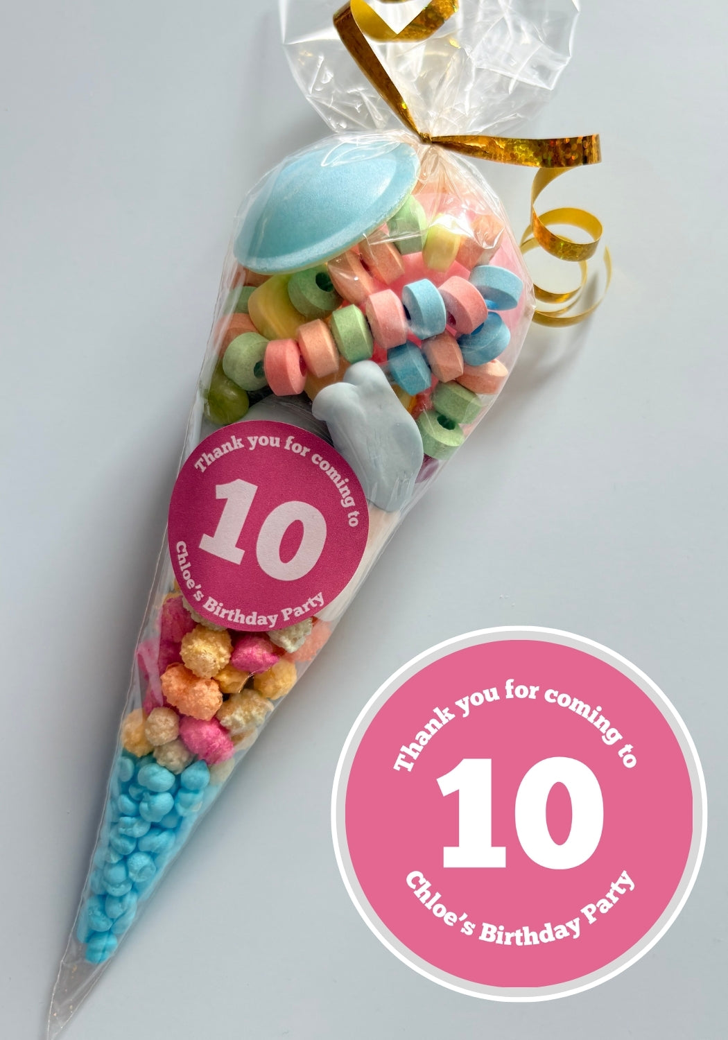 Sweet Cone Filled with sweets candy with personalised pink sticker