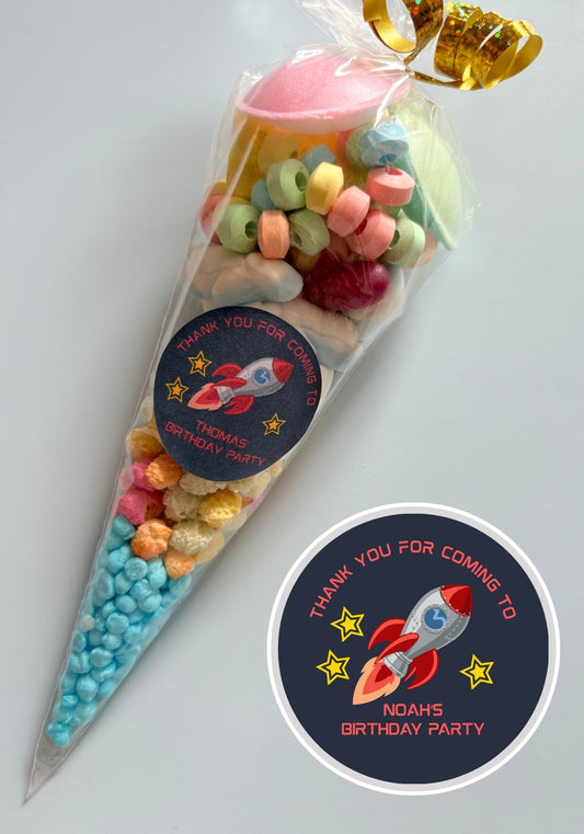 Sweet Cone with Personalised Space Rocket Design Sticker 