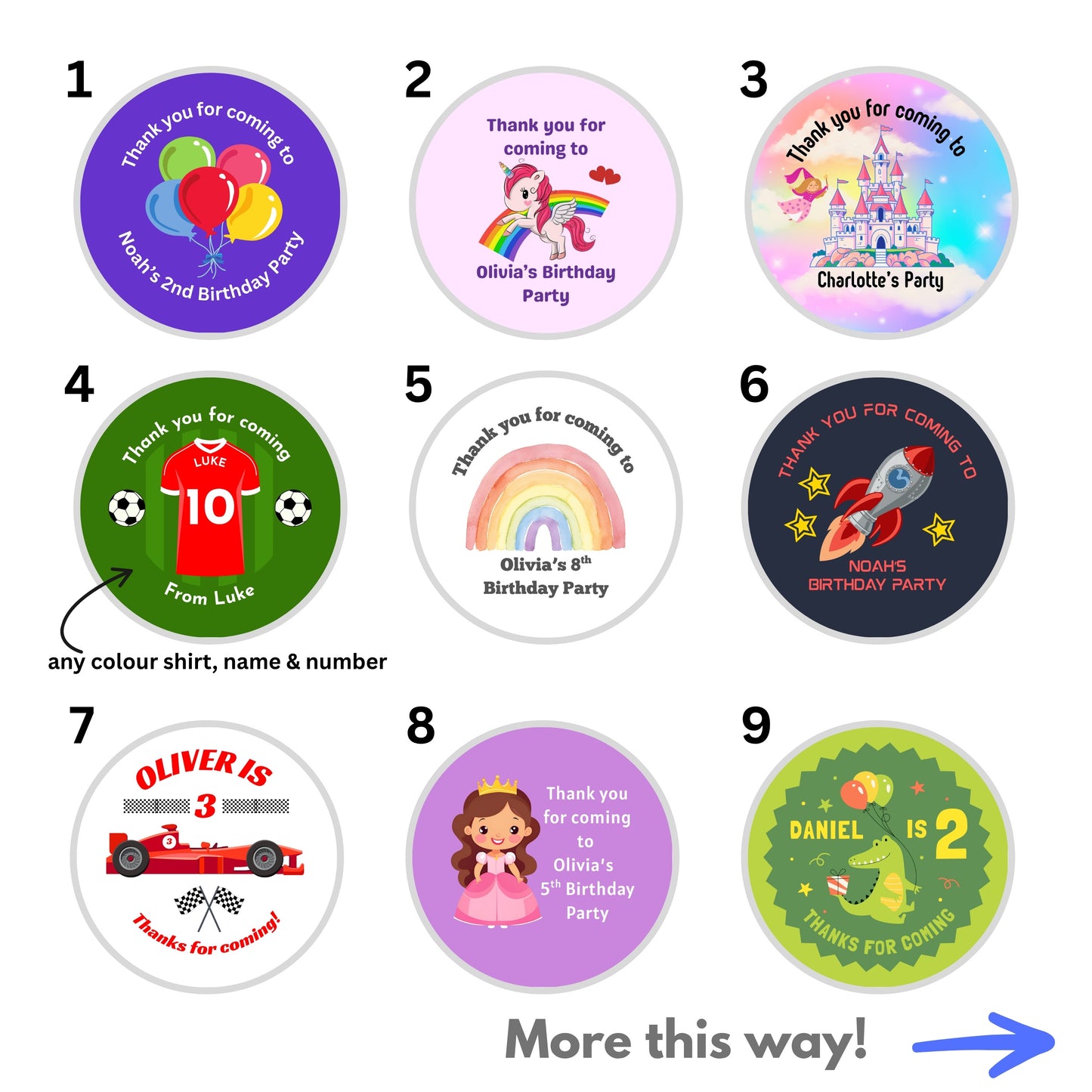 Collection of personalised birthday stickers with various designs and text. Including a Unicorn Theme design