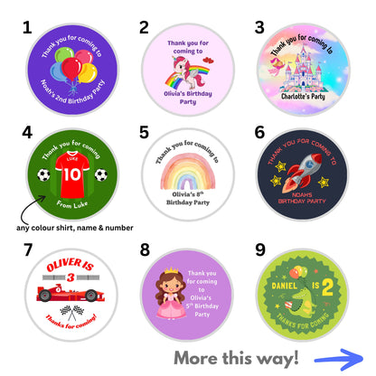 Collection of personalised birthday stickers with various designs and text. Including a Unicorn Theme design