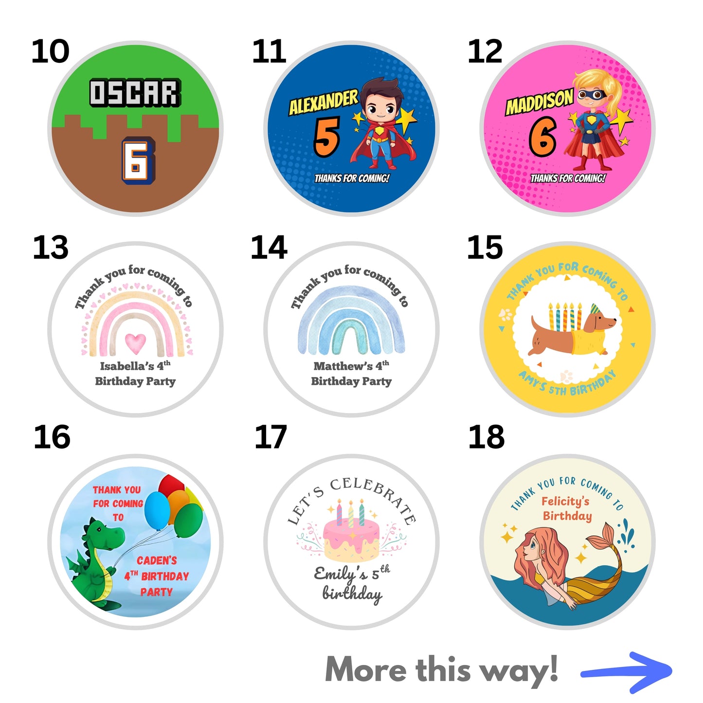 Collection of personalized birthday stickers with various designs and text. Including a minecraft theme style design