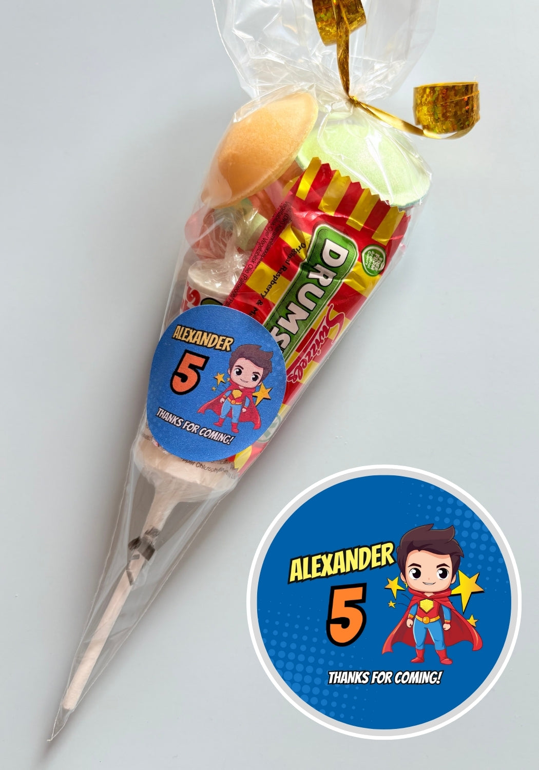 Sweet Cone with Superhero Boy Personalised Sticker
