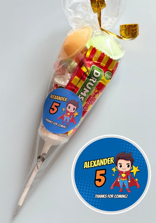 Sweet Cone with Superhero Boy Personalised Sticker