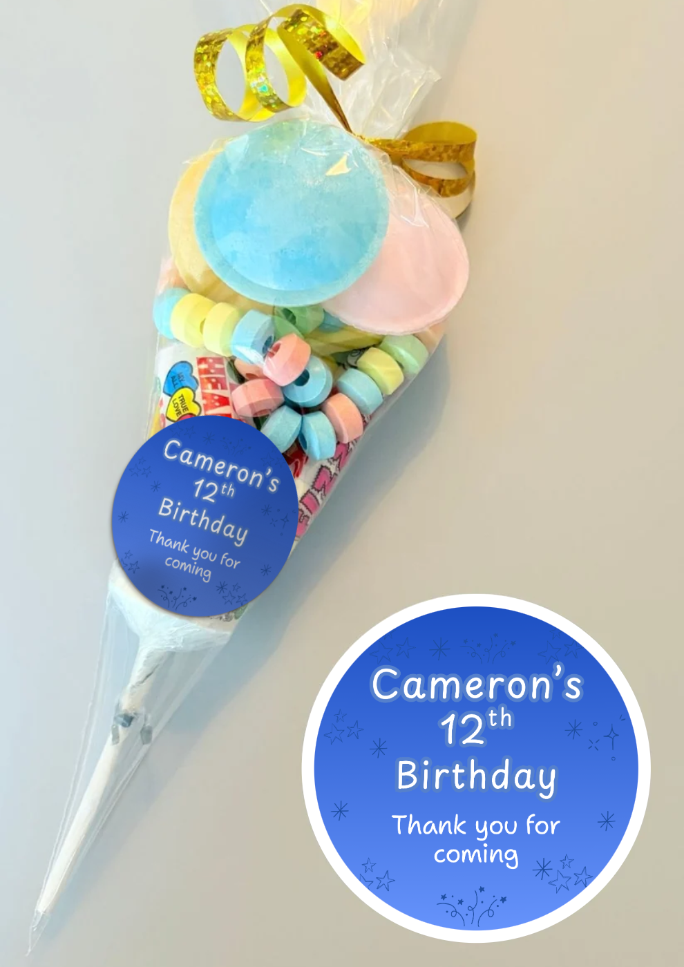 Pre-Filled Sweet Cones - Blue Name Sticker