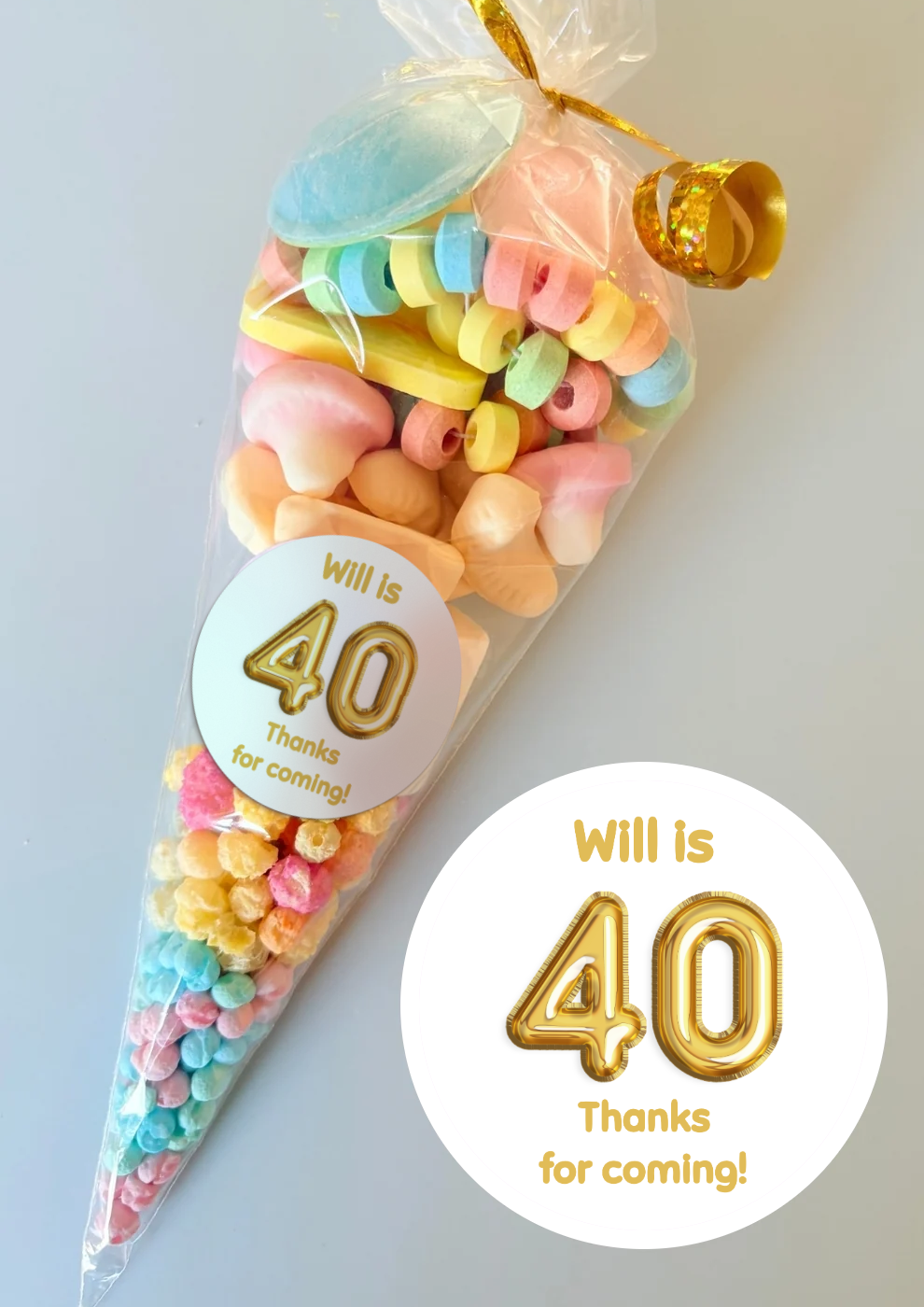 Pre-Filled Sweet Cones - Gold Foil Balloons Sticker
