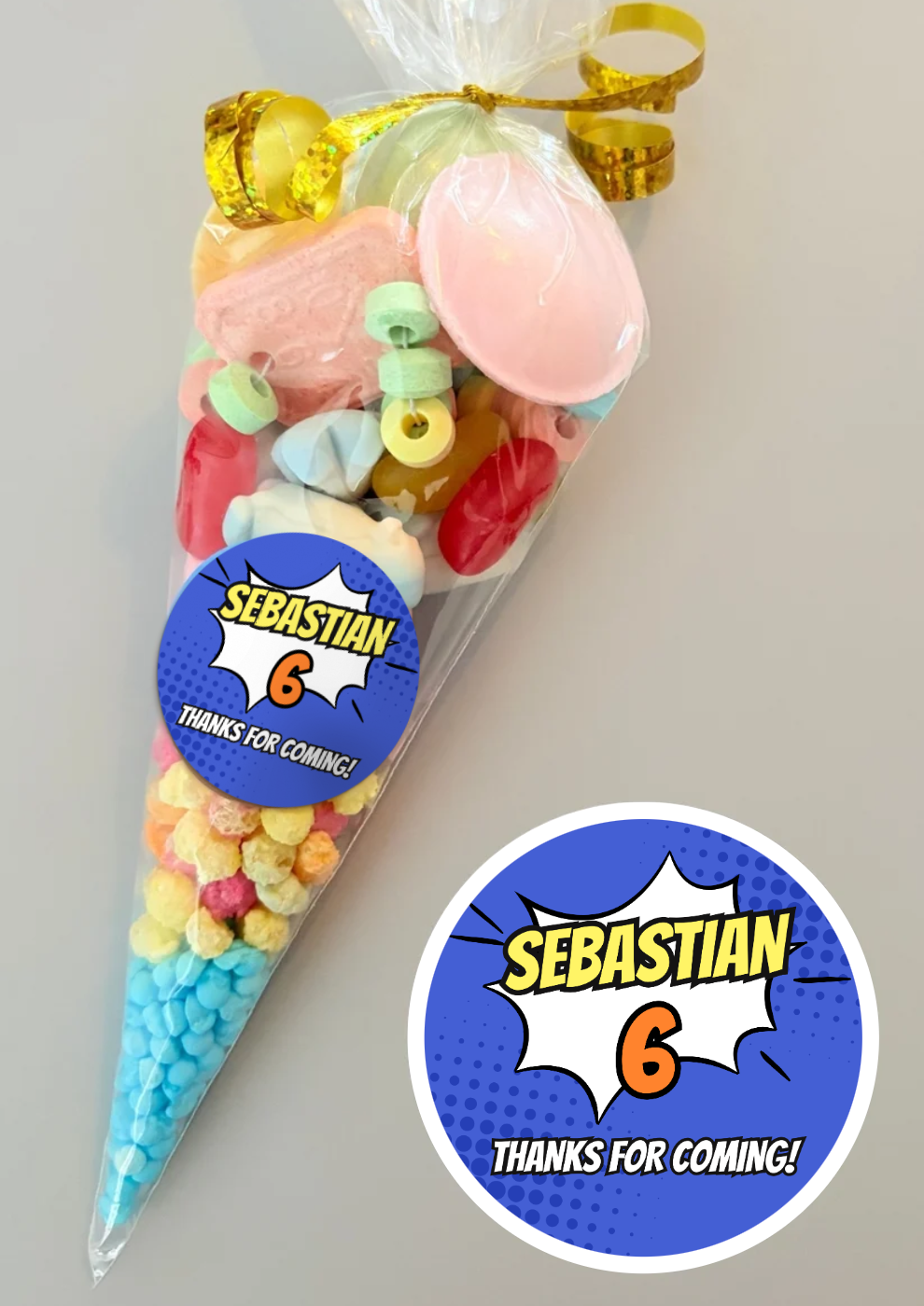 Pre-Filled Sweet Cones - POW! Superhero Sticker