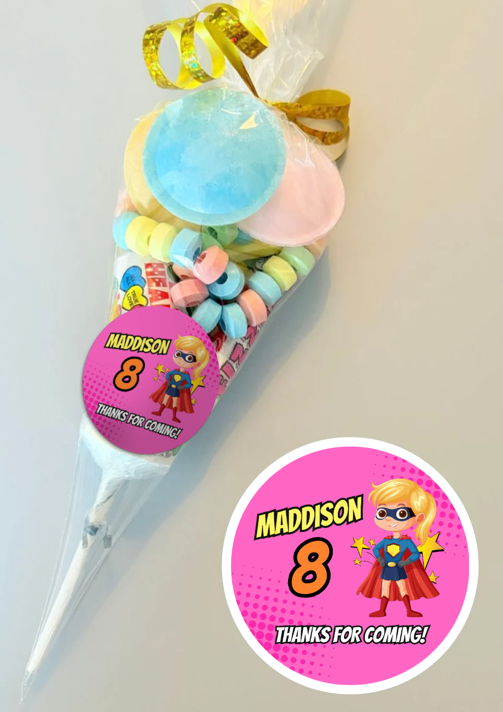 Pre-Filled Sweet Cones - Superhero Girl Sticker